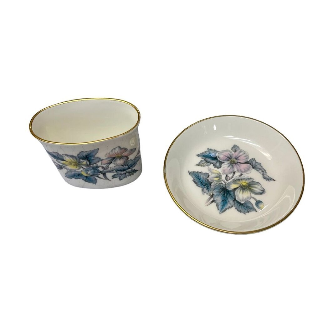 Royal Worcester Bone China Floral Toothpick Holder Vase & Trinket Dish Gold Trim - Picture 4 of 7